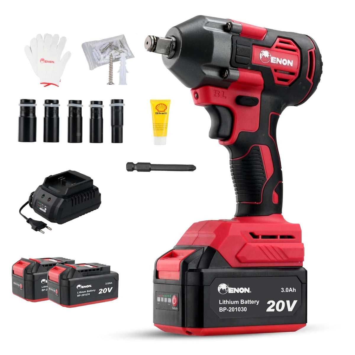 Brushless 20V Impact Wrench Kit - 410Nm Torque, Brushless Motor, 2 x 3.0Ah Batteries, 5 Socket Set - XE-BL2032