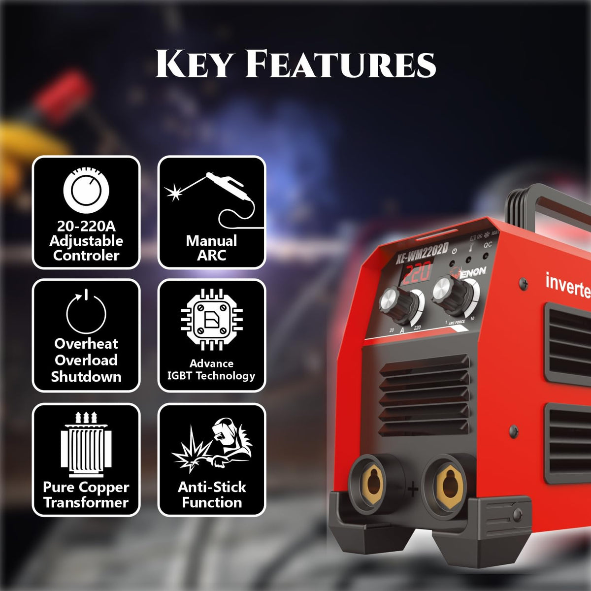 220A ARC Welding Machine - Dual Phase, Professional Inverter, 10800W, Advanced IGBT, Hot Start, Anti-Stick, LED Display, Portable - XE-WM2202D