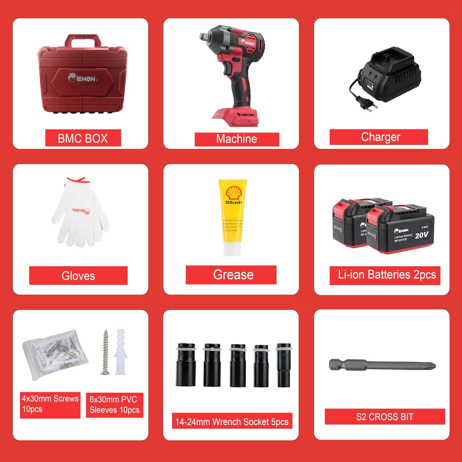Brushless 20V Impact Wrench Kit - 410Nm Torque, Brushless Motor, 2 x 3.0Ah Batteries, 5 Socket Set - XE-BL2032
