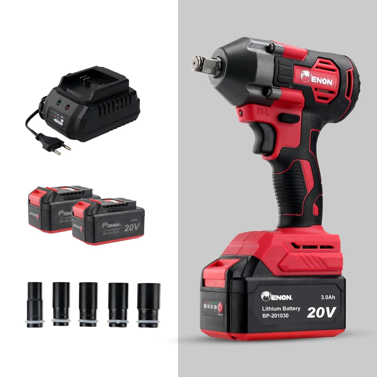 Brushless 20V Impact Wrench Kit - 410Nm Torque, Brushless Motor, 2 x 3.0Ah Batteries, 5 Socket Set - XE-BL2032