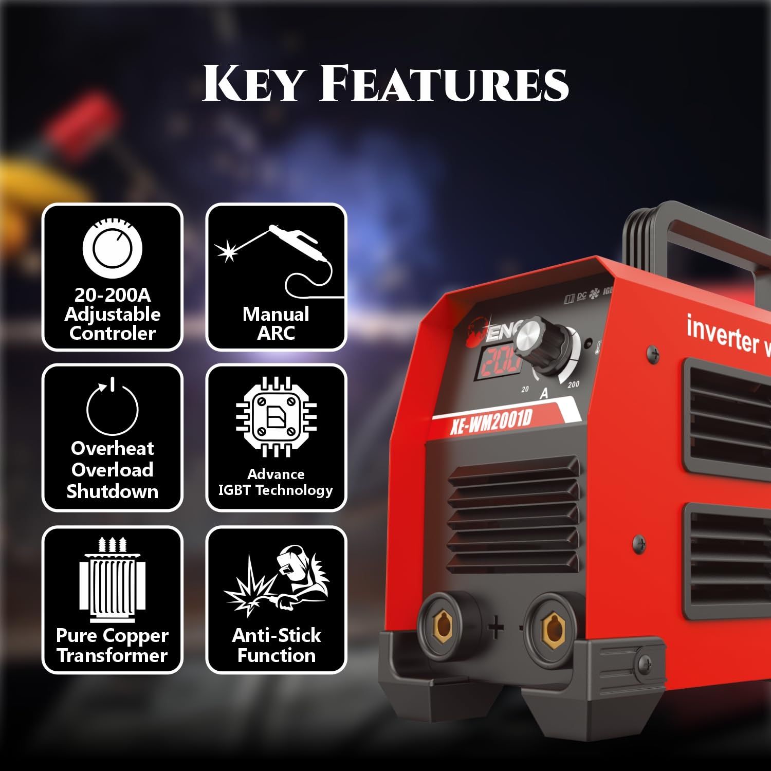 200A Professional Inverter ARC Welding Machine - Dual Phase, 9500W, Advanced IGBT, Hot Start, Anti-Stick, LED Display, Portable- XE-WM2001D