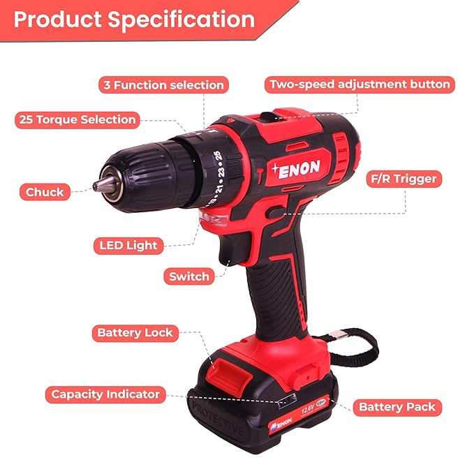 Enon Cordless Impact Drill for Home Use, 12.6V, 1500RPM, 22NM Torque, Keyless Chuck 10mm, 25 Level Torque, 2 Speed Modes, 3 Functions, Single Battery 1.5Ah, 82 Pcs Drill Kit (XE-CD1610-SB)