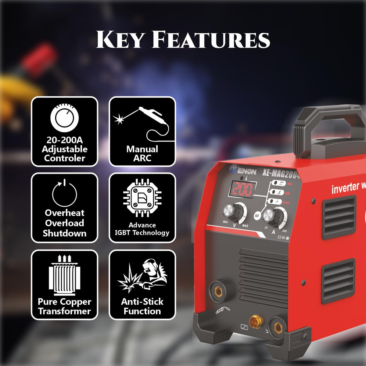 200A 3-in-1 Multi-Process IGBT Inverter Welding Machine | MAG/MIG, MMA (ARC), LIFT TIG Welder | 8200W Power | Hot Start, Arc Force, Anti-Stick | Portable for Professionals & DIY - XE-MAG2004