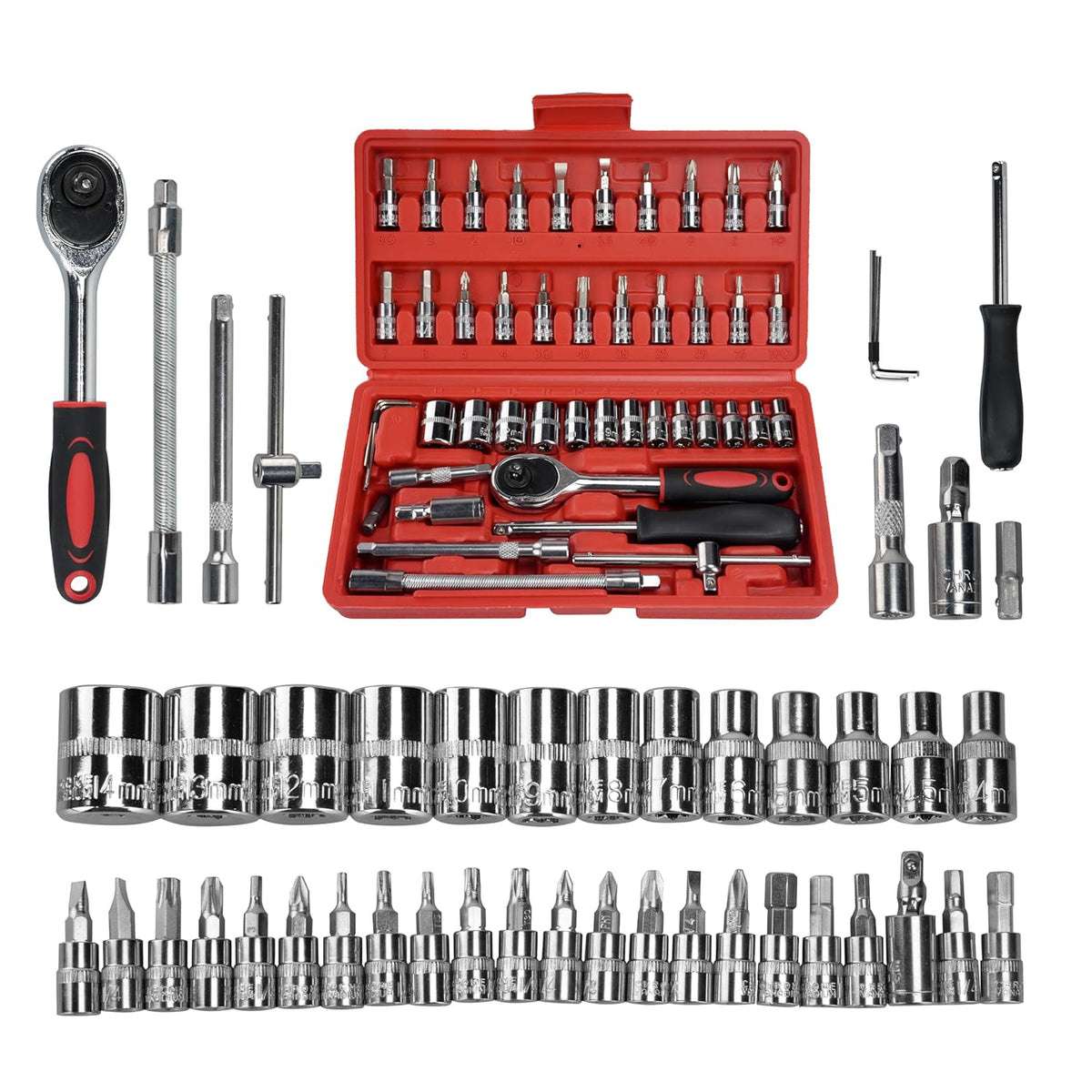 46-Piece Household Hand Tool Kit - 1/4" Drive Socket & Screwdriver Wrench Set for Home, Auto & DIY- XE-HT046