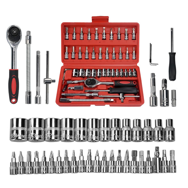 46-Piece Household Hand Tool Kit - 1/4" Drive Socket & Screwdriver Wrench Set for Home, Auto & DIY- XE-HT046