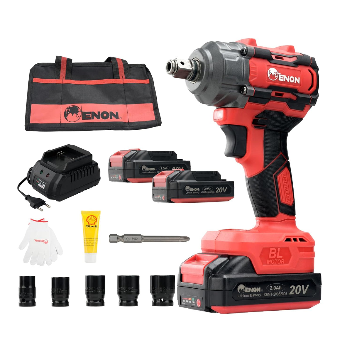 Brushless 20V 1/2" Impact Wrench Kit - 300Nm Torque, 2X 2.0Ah Batteries & 5 Sockets- XE-BL2031