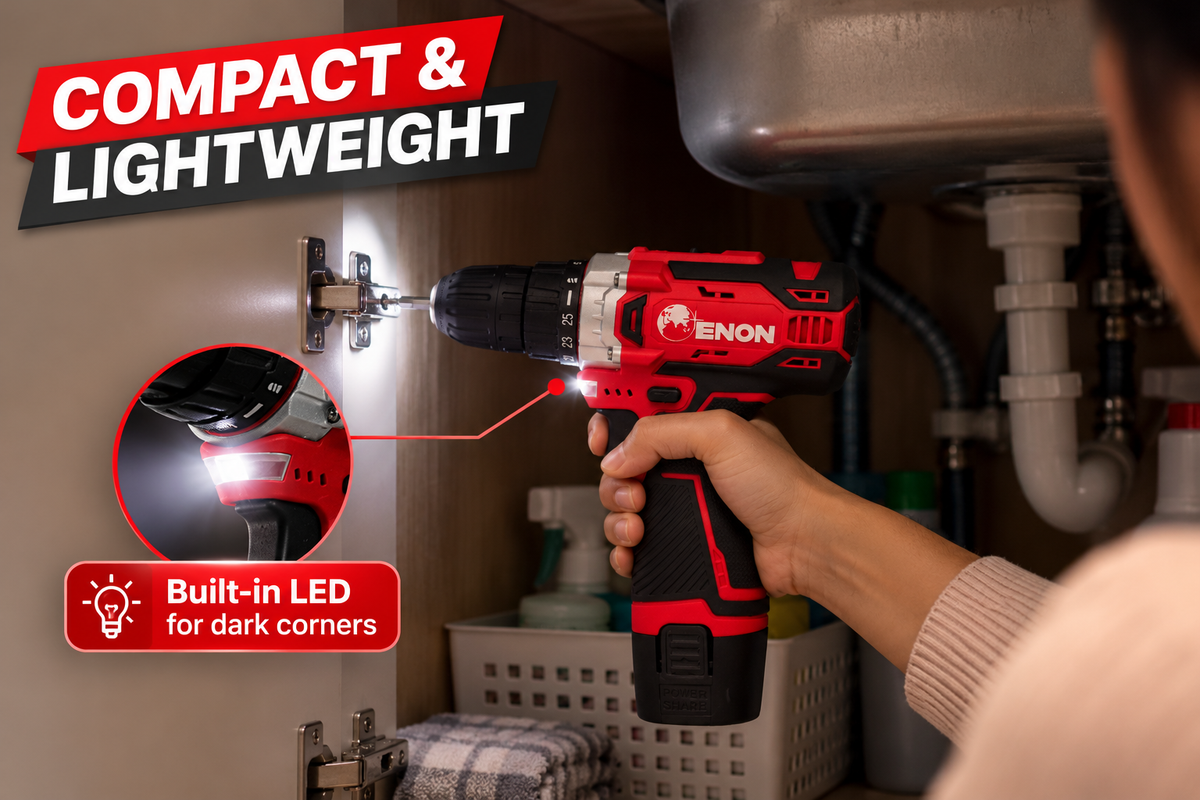 Enon 12V Cordless Drill Machine for Home Use, Compact Cordless Screw Driver, Powerful, 2 Speed, LED, 1500RPM,10mm Chuck, Reversible Switch, Drilling,1500mAh Battery with1 Battery