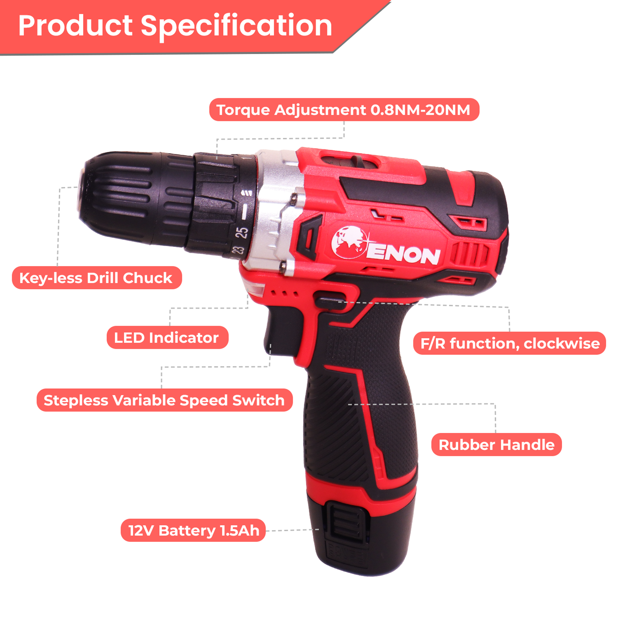 12V Cordless Drill Machine- 2x1.5Ah Batteries, 1500 RPM, 2-Speed, LED Light, 10mm Chuck for Home & DIY-XE-CD1210