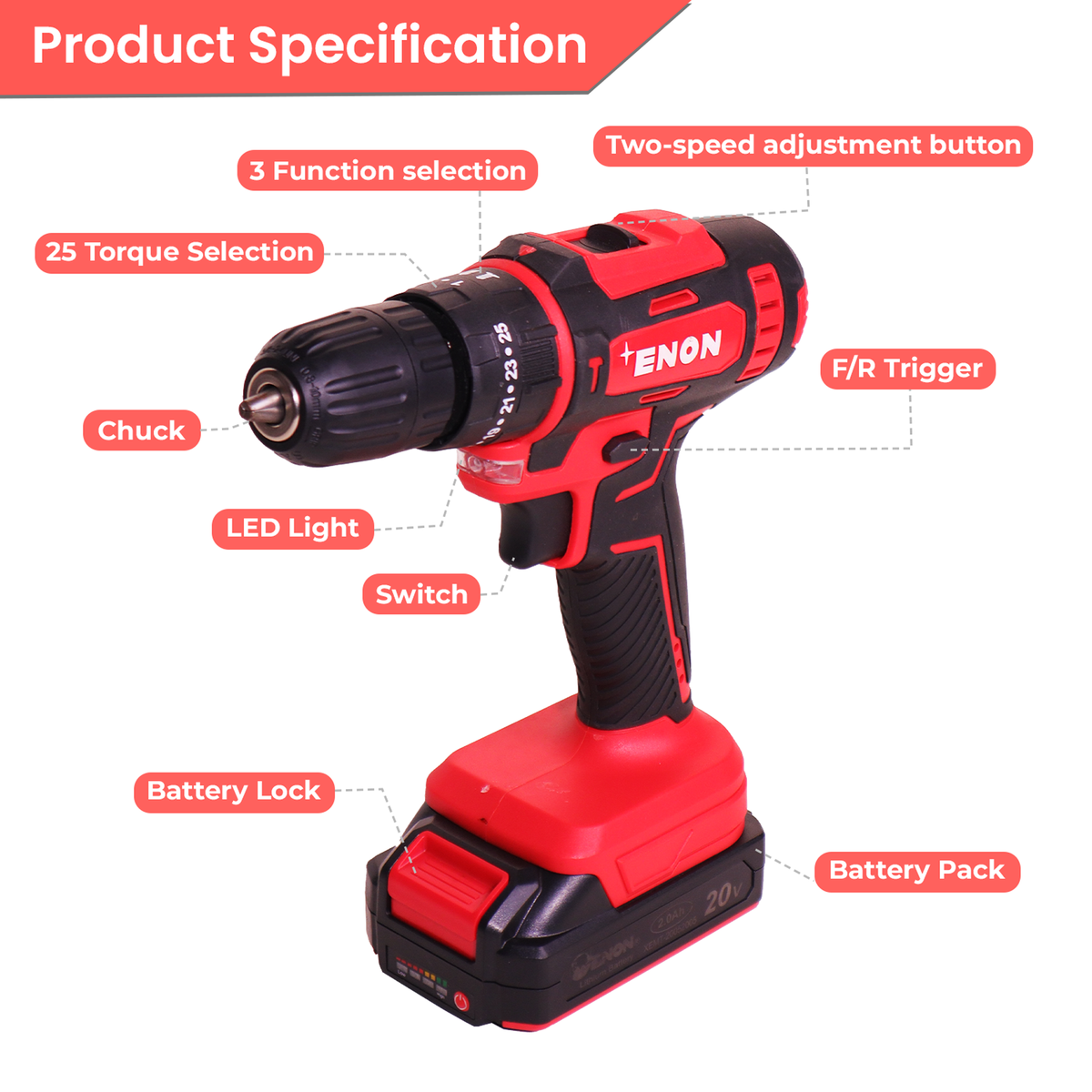 20V Powerful Cordless Drill Machine , 2X 2.0AH batteries with Variable Speed Control for Versatile Drilling in Wood, Metal & Masonry-XE-CD2011