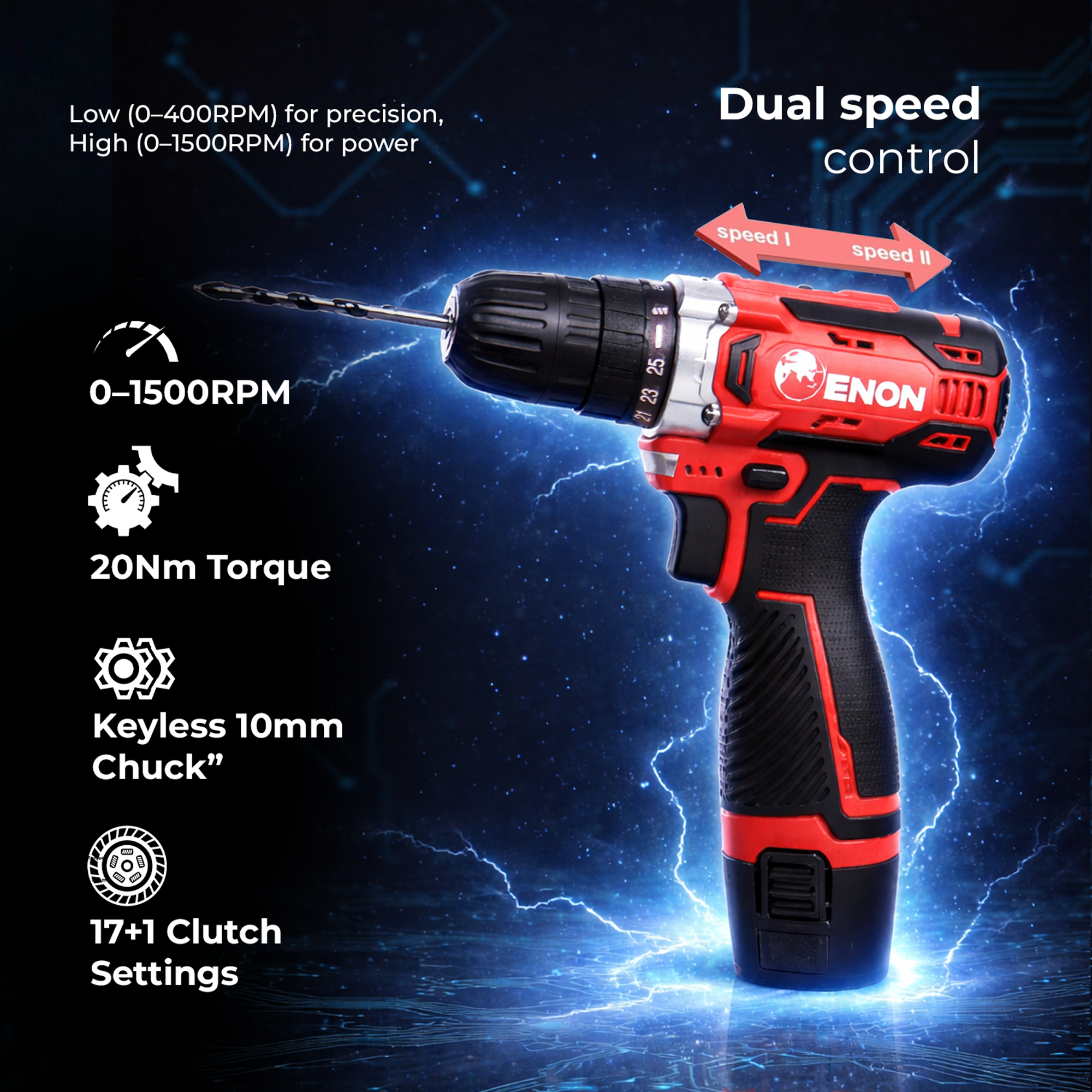 12V Cordless Drill Machine- 2x1.5Ah Batteries, 1500 RPM, 2-Speed, LED Light, 10mm Chuck for Home & DIY-XE-CD1210
