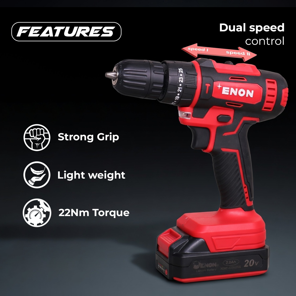 20V Powerful Cordless Drill Machine , 2X 2.0AH batteries with Variable Speed Control for Versatile Drilling in Wood, Metal & Masonry-XE-CD2011