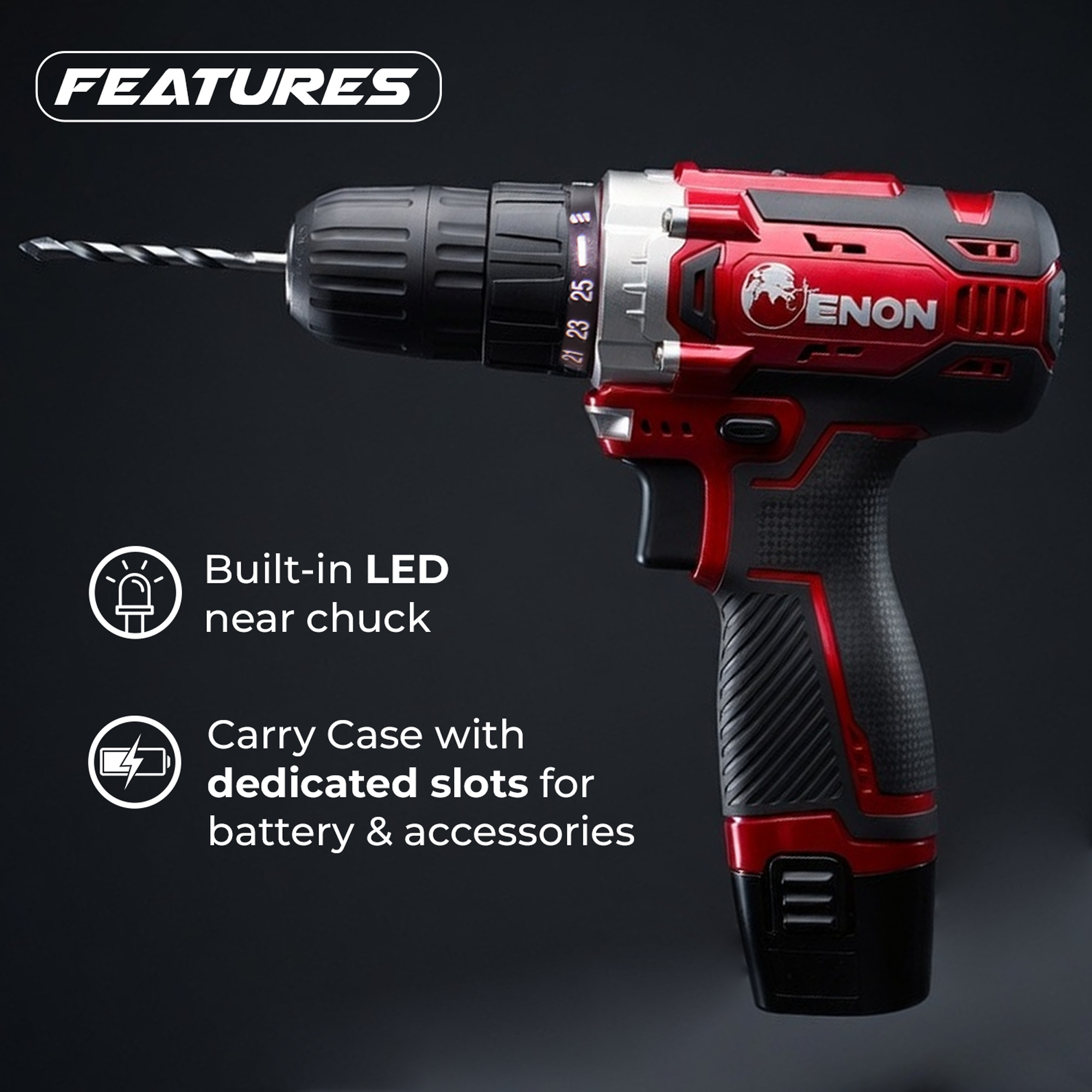 12V Cordless Drill Machine- 2x1.5Ah Batteries, 1500 RPM, 2-Speed, LED Light, 10mm Chuck for Home & DIY-XE-CD1210