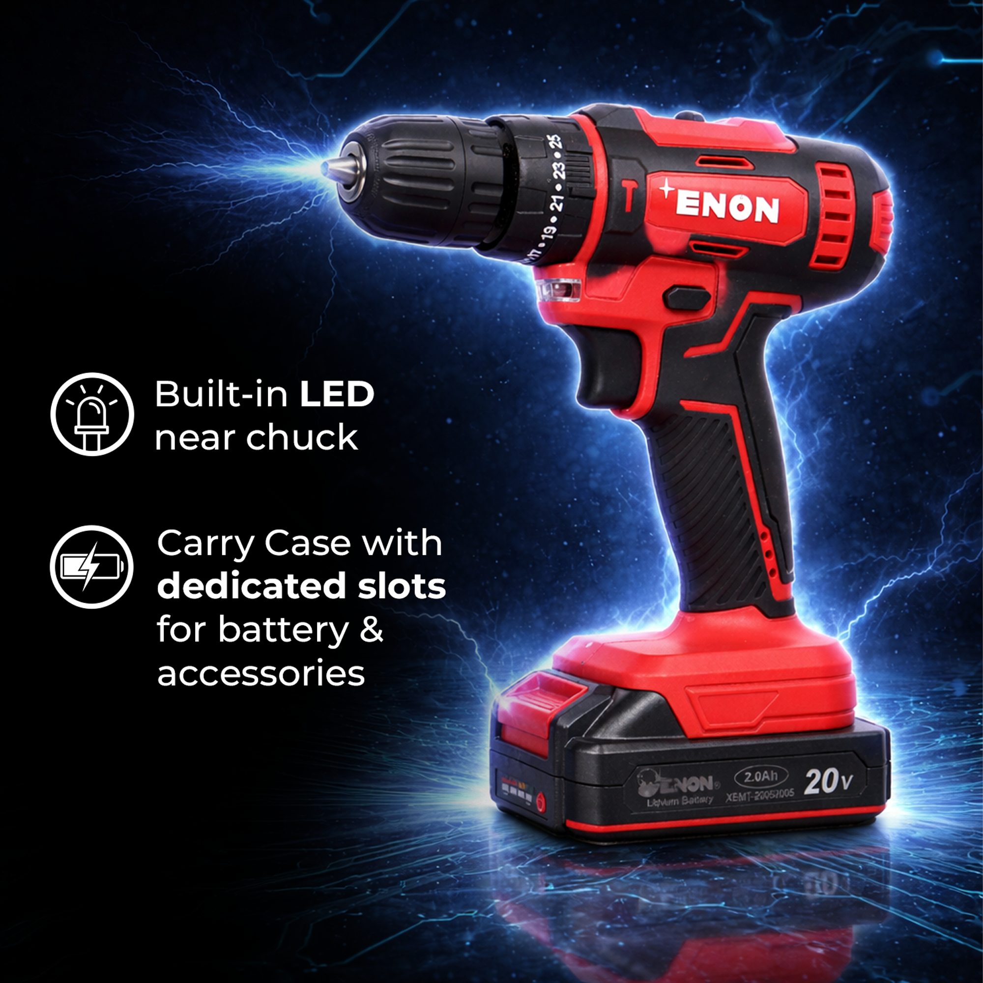 20V Powerful Cordless Drill Machine , 2X 2.0AH batteries with Variable Speed Control for Versatile Drilling in Wood, Metal & Masonry-XE-CD2011