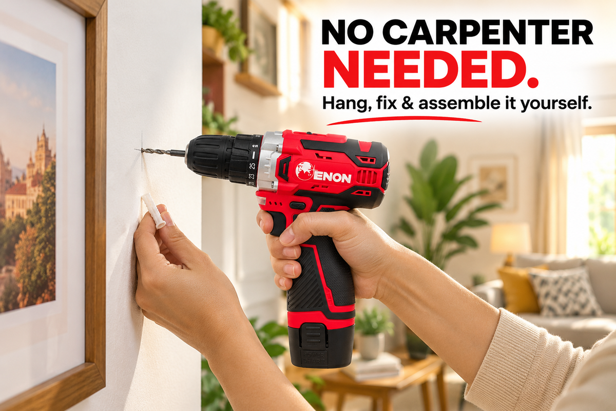 Enon 12V Cordless Drill Machine for Home Use, Compact Cordless Screw Driver, Powerful, 2 Speed, LED, 1500RPM,10mm Chuck, Reversible Switch, Drilling,1500mAh Battery with1 Battery