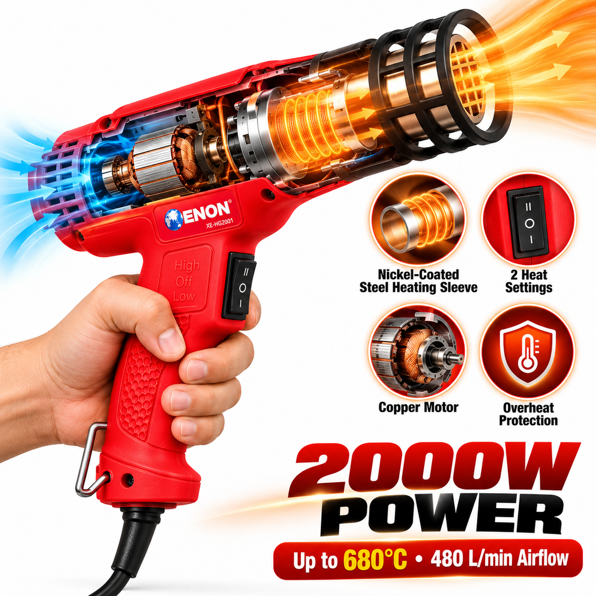 2000W Heat Gun | 2 Heat Settings 480°C & 680°C | Hands-Free Stand | Hot Air Gun for Paint Stripping, PVC Bending, Shrink Wrapping & Sticker Removal | XE-HG2001