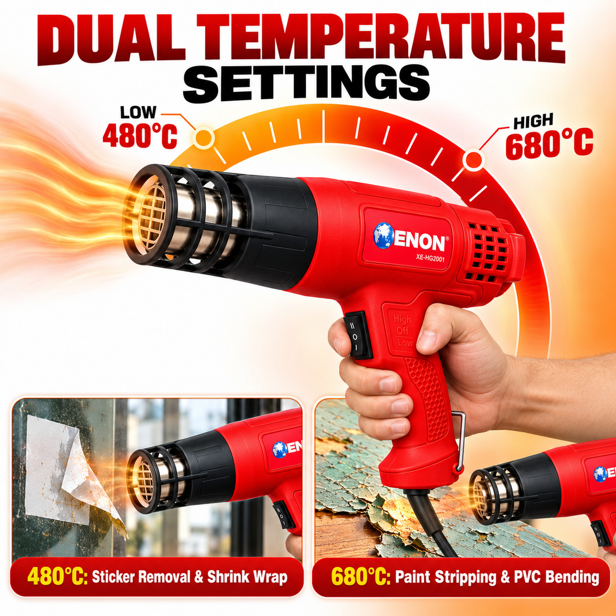2000W Heat Gun | 2 Heat Settings 480°C & 680°C | Hands-Free Stand | Hot Air Gun for Paint Stripping, PVC Bending, Shrink Wrapping & Sticker Removal | XE-HG2001