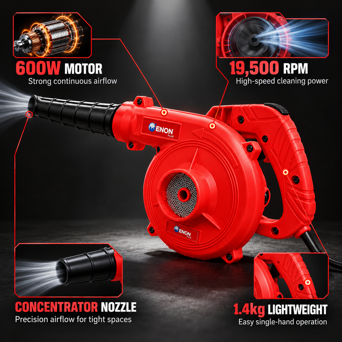 600W Electric Air Blower Machine | 19,500 RPM | 3M Long Cord | Concentrator Nozzle | For PC Cleaning, Workshop & Car Detailing | XE-6001