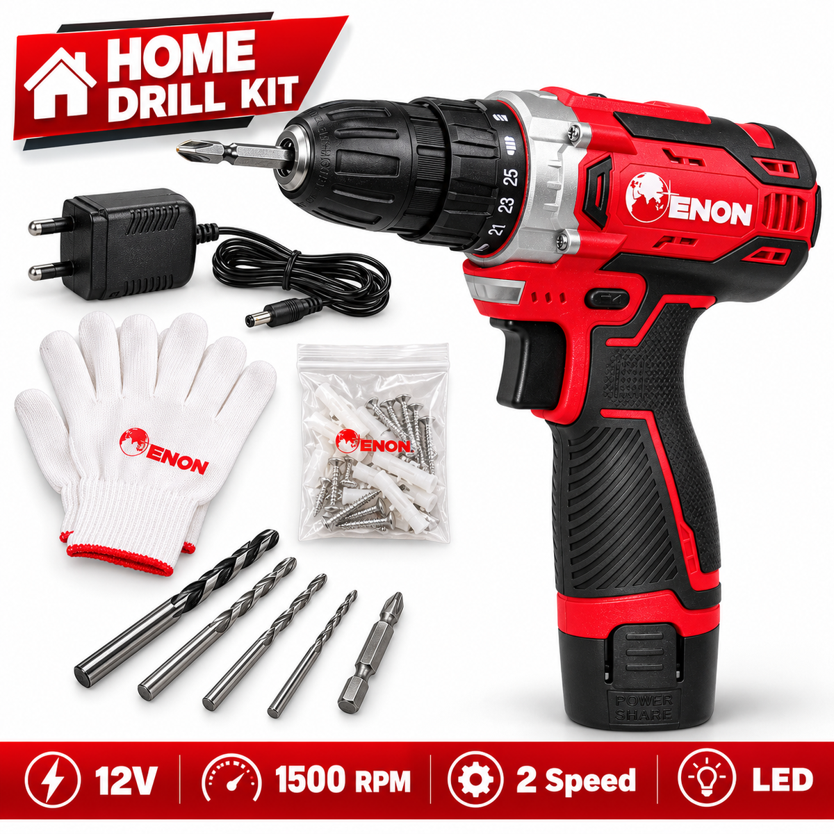 Enon 12V Cordless Drill Machine for Home Use, Compact Cordless Screw Driver, Powerful, 2 Speed, LED, 1500RPM,10mm Chuck, Reversible Switch, Drilling,1500mAh Battery with1 Battery