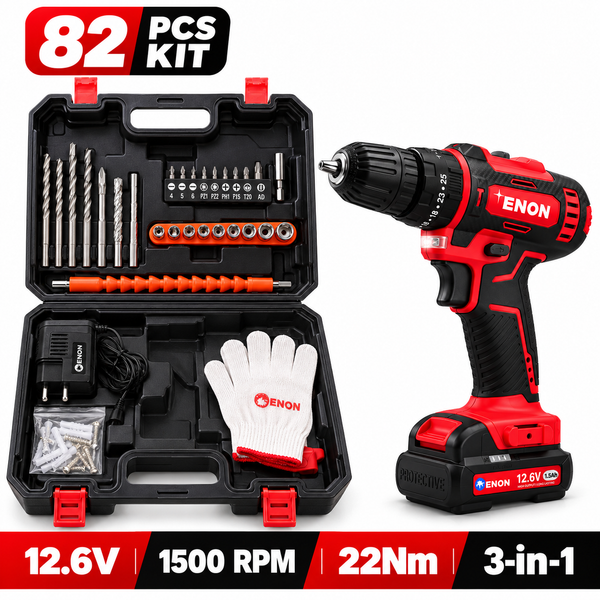 Enon Cordless Impact Drill for Home Use, 12.6V, 1500RPM, 22NM Torque, Keyless Chuck 10mm, 25 Level Torque, 2 Speed Modes, 3 Functions, Single Battery 1.5Ah, 82 Pcs Drill Kit (XE-CD1610-SB)