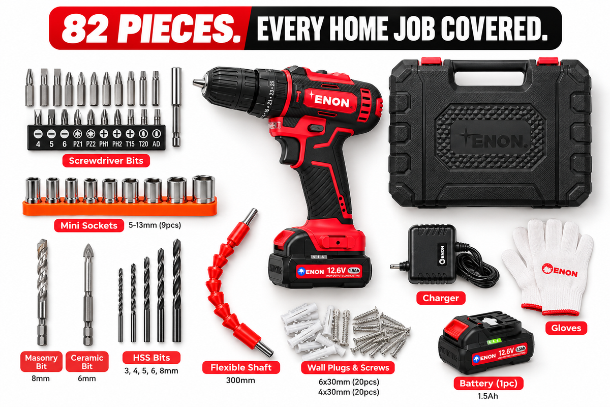 Enon Cordless Impact Drill for Home Use, 12.6V, 1500RPM, 22NM Torque, Keyless Chuck 10mm, 25 Level Torque, 2 Speed Modes, 3 Functions, Single Battery 1.5Ah, 82 Pcs Drill Kit (XE-CD1610-SB)