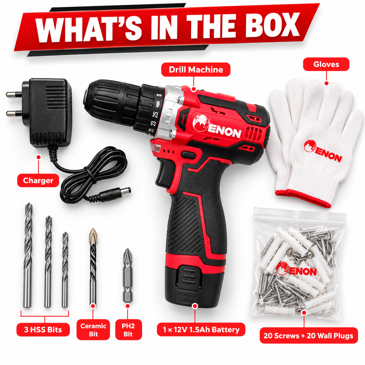 Enon 12V Cordless Drill Machine for Home Use, Compact Cordless Screw Driver, Powerful, 2 Speed, LED, 1500RPM,10mm Chuck, Reversible Switch, Drilling,1500mAh Battery with1 Battery
