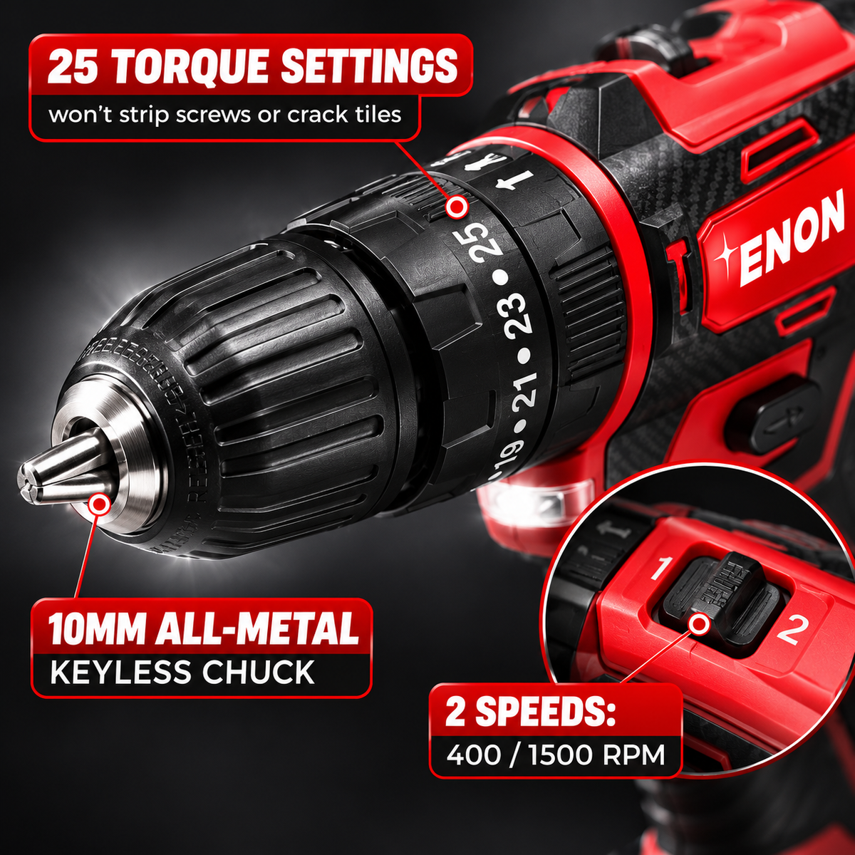 Enon Cordless Impact Drill for Home Use, 12.6V, 1500RPM, 22NM Torque, Keyless Chuck 10mm, 25 Level Torque, 2 Speed Modes, 3 Functions, Single Battery 1.5Ah, 82 Pcs Drill Kit (XE-CD1610-SB)